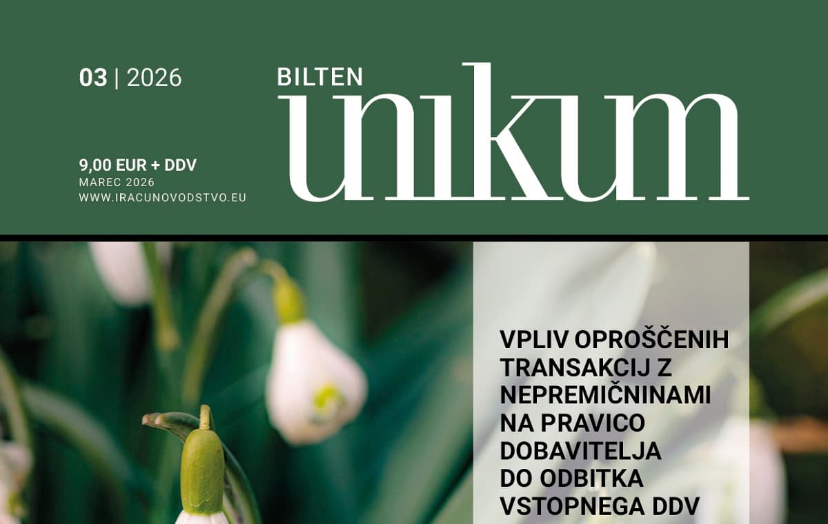 Slika prikazuje naslovnico Unikuma za marec 2026. Temno zelena podlaga z belimi pomladanskimi zvončki.